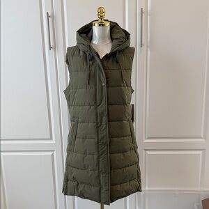 Olive Green Hooded Quilted Long Puffer Vest